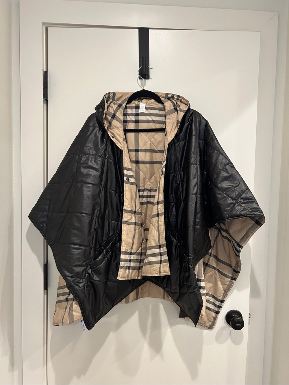 Quilted Poncho with Plaid Lining - Black & Beige.